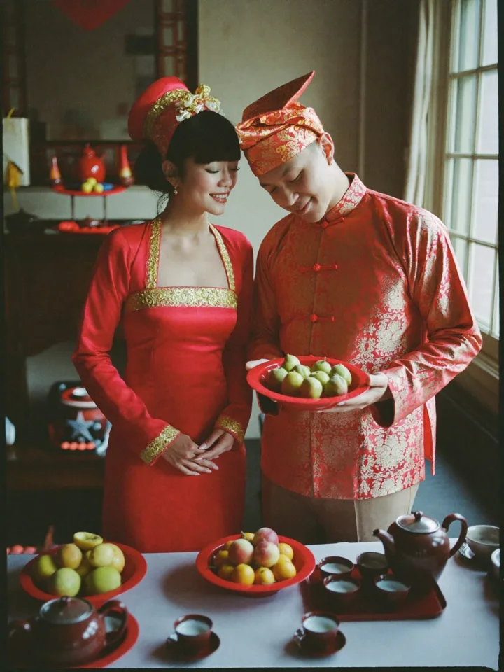 Couple in traditional Vietnamese wedding dress
