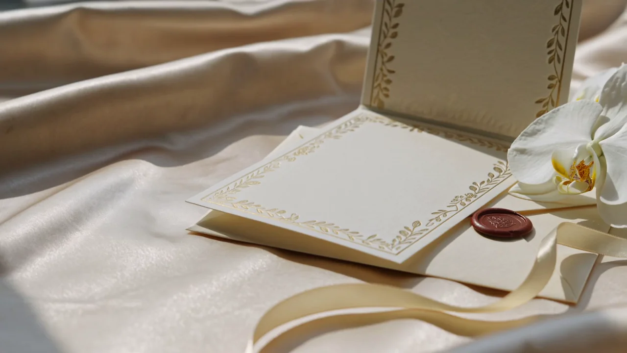 Ivory wedding stationery on silk beside a burgundy wax seal and white orchids